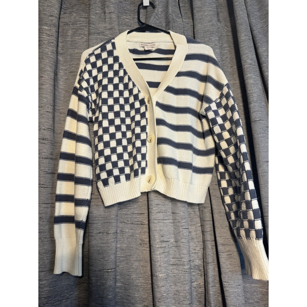 Sincerely Jules‎ Women's Cardigan Sweater Size L Checkered Striped Knit